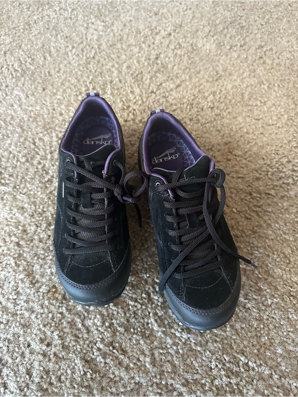 Dansko Black Suede Lace-Up Sneakers with Purple Interior hiking shoes